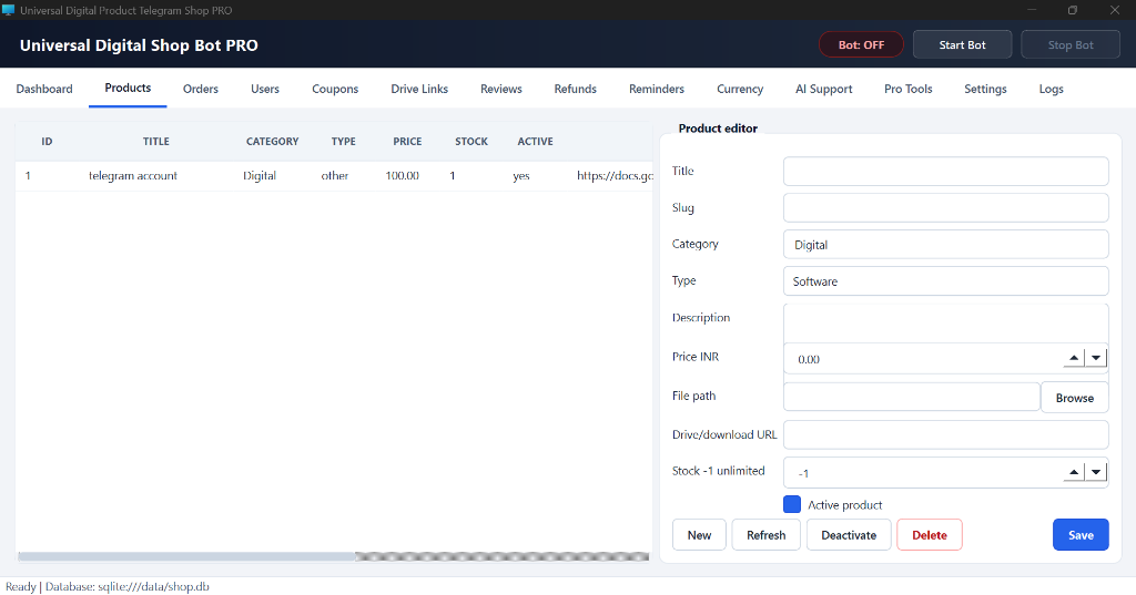 Universal Shop Bot PRO software screenshot for Telegram member growth workflows