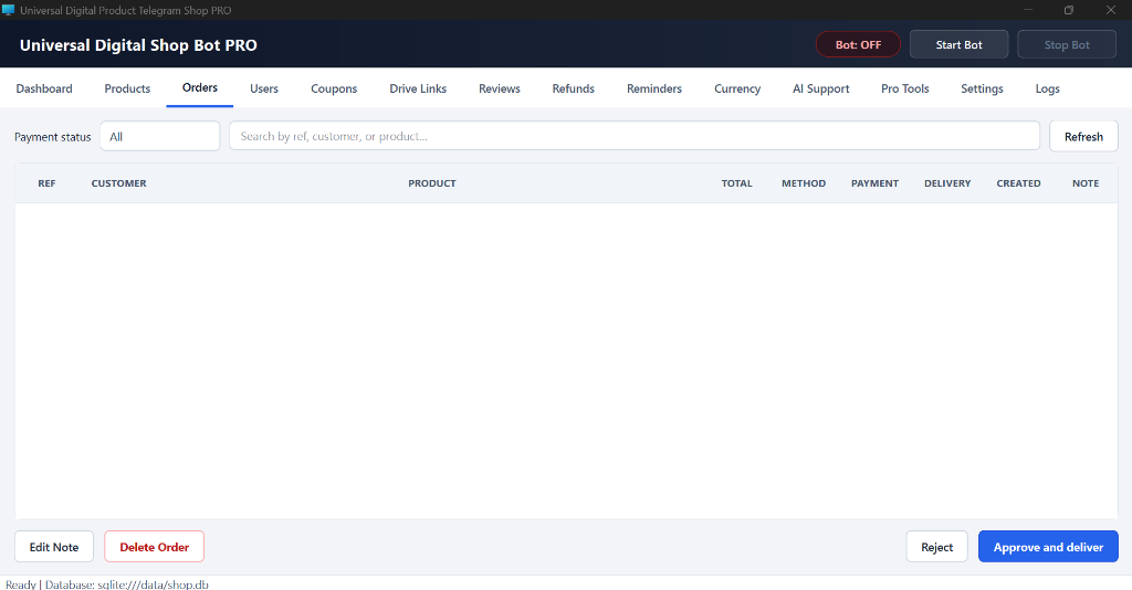 Order management view in the Universal Shop Bot admin panel