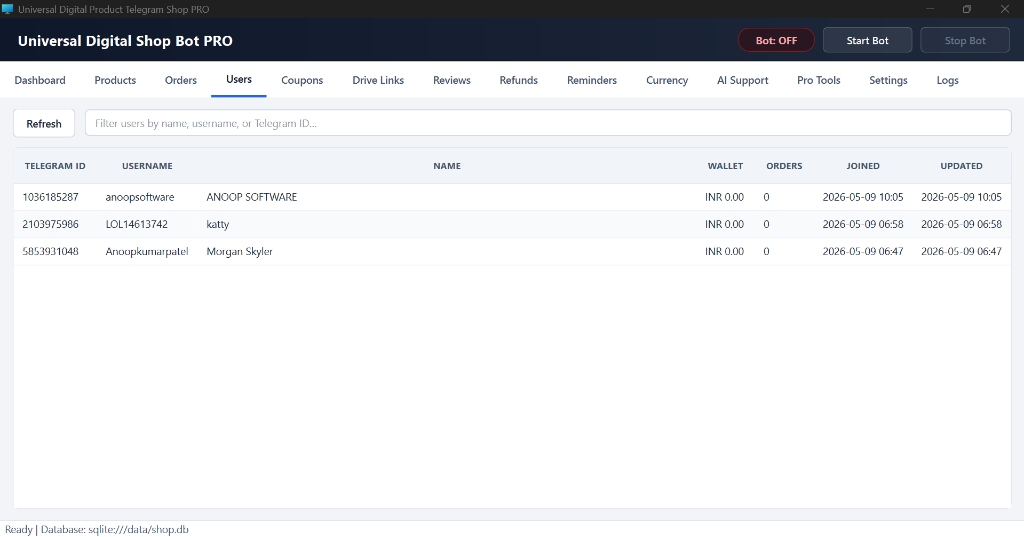 Customer list with purchase history