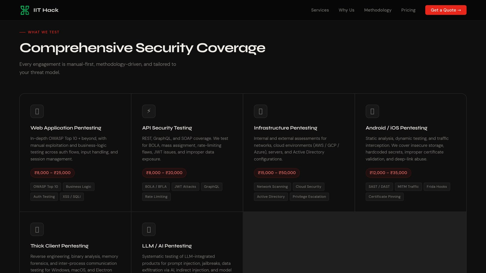 IIT Hack's service coverage: web application, API security, infrastructure, and Android/iOS pentesting with price ranges and technique tags