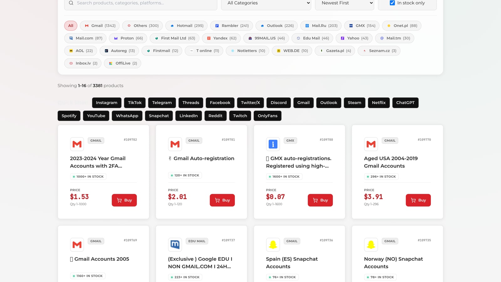 The email accounts section of the TelePilot Pro marketplace showing available inbox listings