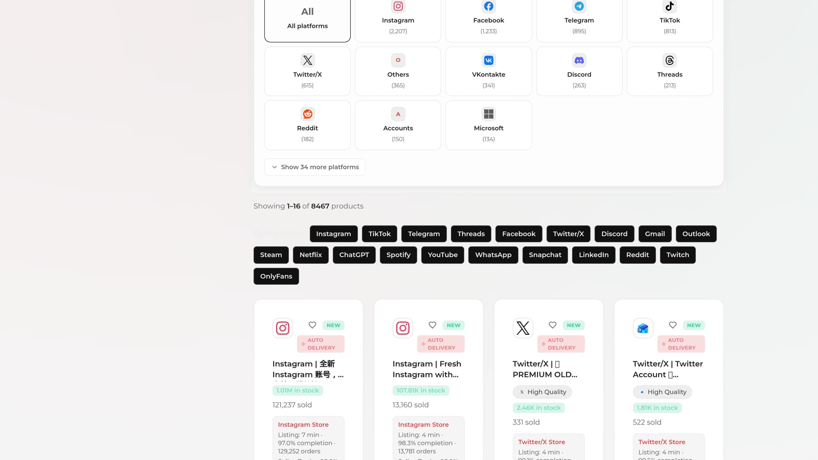 TelePilot Pro marketplace listings showing Instagram and Twitter/X accounts with stock counts, units sold and seller completion rates