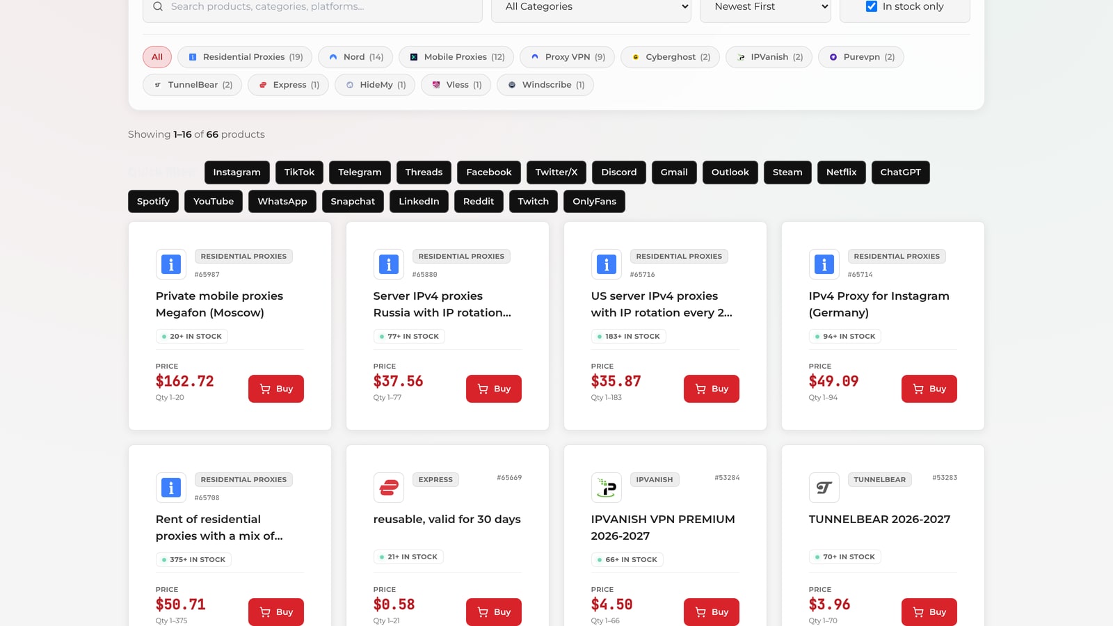 Proxy listings in the TelePilot Pro marketplace showing available proxy inventory and pricing