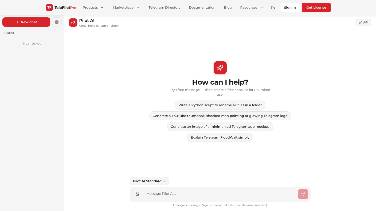 The Pilot AI chat interface on TelePilot Pro, showing the model selector, suggested prompts and message composer